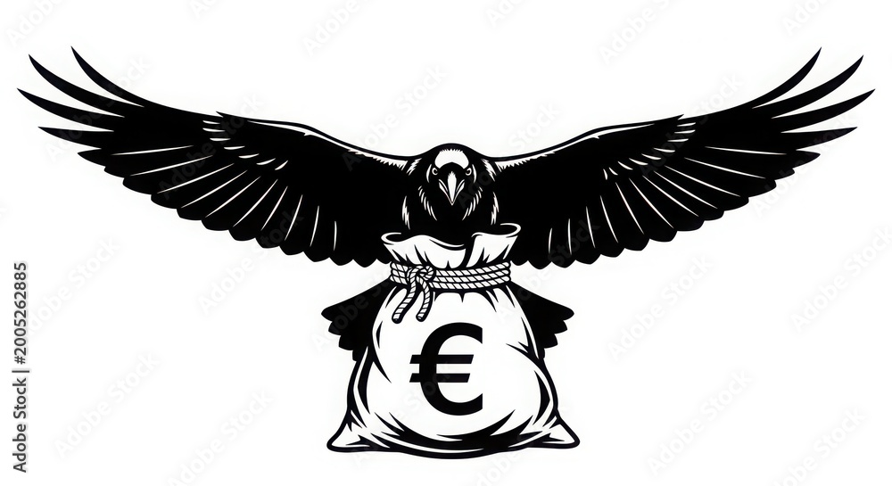 Obraz premium Black raven holding euro money bag with wings spread