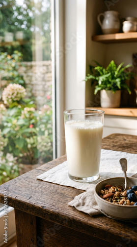 Refreshing Glass of Milk Next to a Bowl of Granola on a Rustic Table in a Bright Kitchen with Lush Greenery in the Background