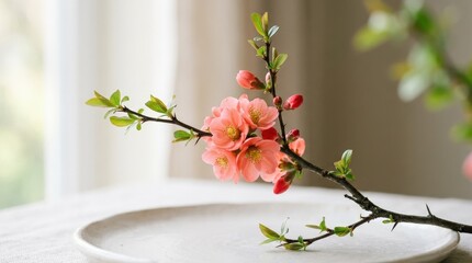 Single flowering quince branch, delicate botanical still life, spring bloom with refined detail, minimalist composition, soft light, polished floral stock appeal, soft atmospheric depth, no logos