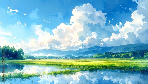 田舎夏風景田んぼ入道雲水彩ポスター2