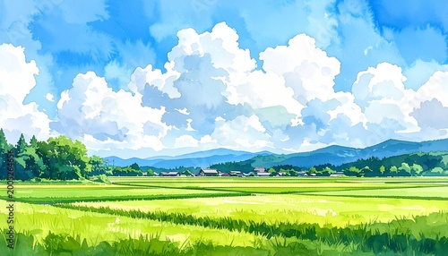 田舎夏風景田んぼ入道雲水彩ポスター