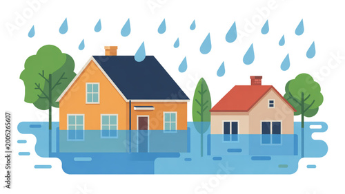 Schilderij op canvas Simple vector flood scene with submerged homes trees and rain minimal disaster i