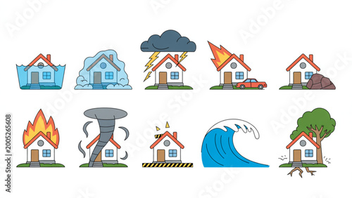 Minimal line illustration natural disaster icon set including earthquake flood storm wildfire and eruption warning concept design