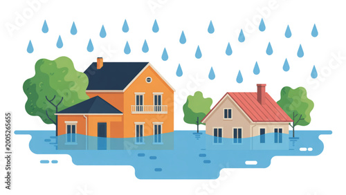 Flat design flooded houses with rising water level rainfall scene minimal clean vector natural disaster and urban flooding concept