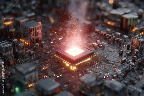 Central processor glowing with energy sparks on circuit board