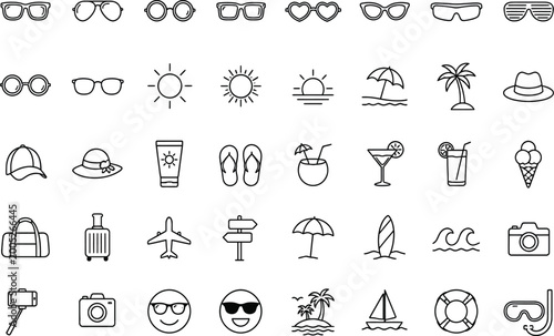 Set of summer travel and beach vacation outline icons with sunglasses and tropical elements