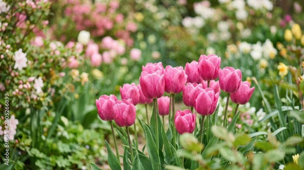 Fototapeta premium Pink tulips in spring garden, vibrant floral scene for nature, gardening and seasonal background use, fresh blossoms with dreamy bokeh, soft focus depth and rich petal texture creating a calm,