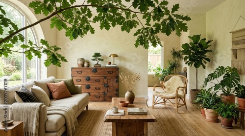 Leafy tree branch over boho living room with Japanese chest of drawers and natural ecology theme, commercial interior concept, aspirational styling, marketable modern decor appeal, clean styling,