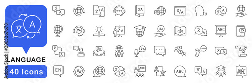 Language icon set. Translation icons in line style. Editable web icons translate, writing, speech, speaking, dictionary, text, language. Vector illustration.