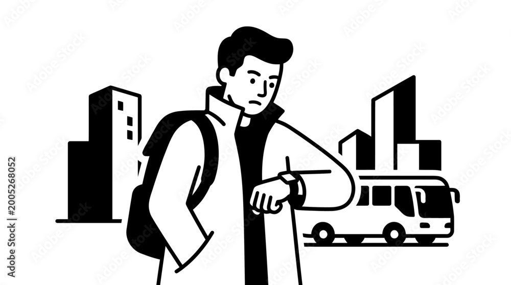 Fototapeta premium Man checking watch, waiting for bus in city with buildings silhouette