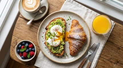 Breakfast plate from above with croissant and avocado egg toast, appetizing morning meal concept for cafe, brunch and healthy lifestyle themes, neat overhead arrangement, golden pastry, creamy