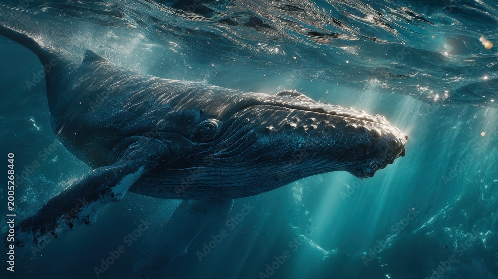 Naklejka premium Humpback whale swimming in deep blue ocean water sun rays