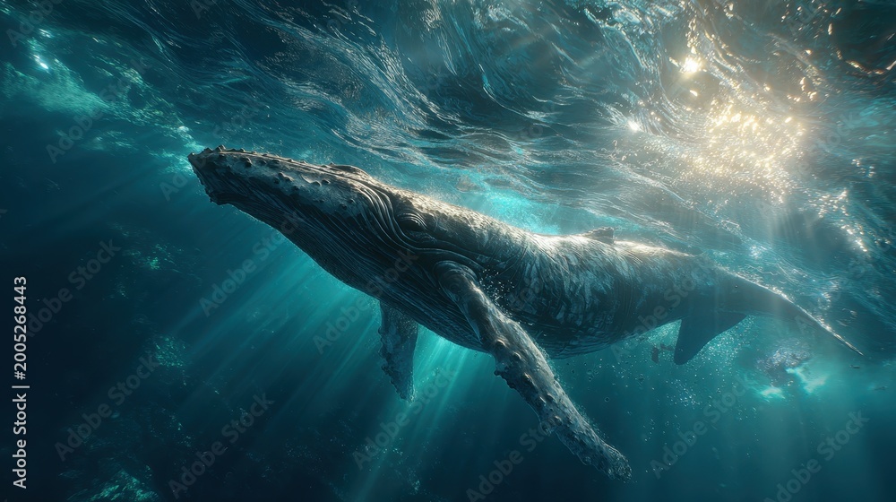 Fototapeta premium Humpback whale swimming in deep ocean sunlight rays