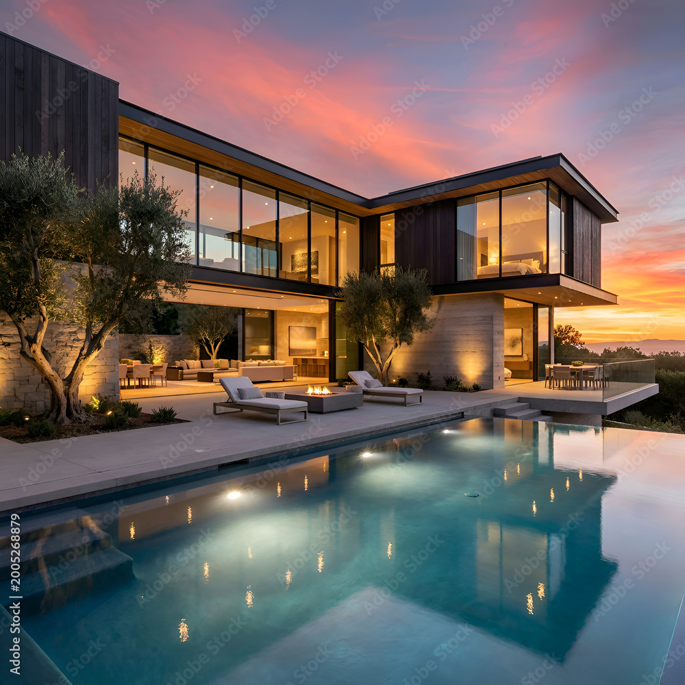 Fototapeta premium A modern luxury house at night 
