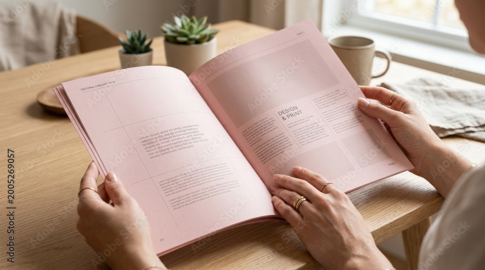 Fototapeta premium Person holding an open pink mockup paper magazine with space for text, editorial branding and print design concept, stylish hands and clean layout creating a fresh commercial presentation, soft