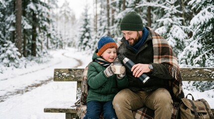 Father and son sharing a warm drink from a thermos, cozy family outdoor moment for bonding, winter, travel and parenting themes, soft natural light, realistic detail, emotional premium atmosphere, no