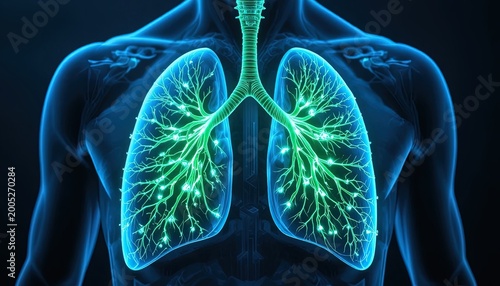 3d medical illustration of glowing human lungs with bronchial tree in dark background