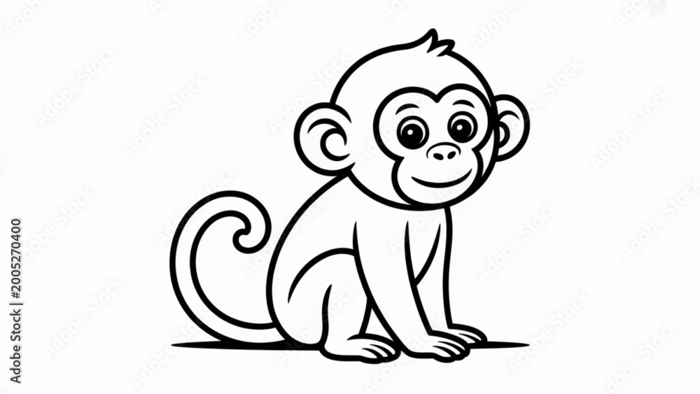 Obraz premium Cute Baby Monkey Sitting and Looking Up Line Art Vector Illustration