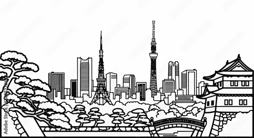 Obraz premium Black and white line drawing of a cityscape with a traditional structure and bridge