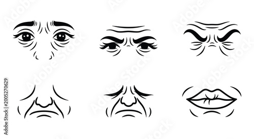 Cuadro en lienzo Facial wrinkle diagrams line art illustrations on white background