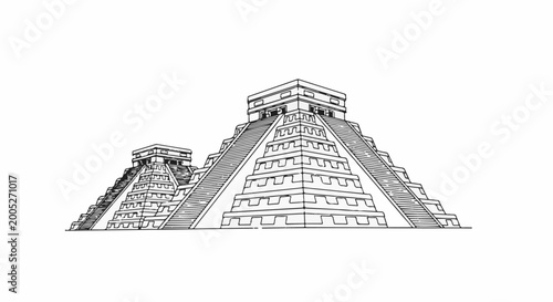 Ancient stepped pyramids with intricate designs and stairways