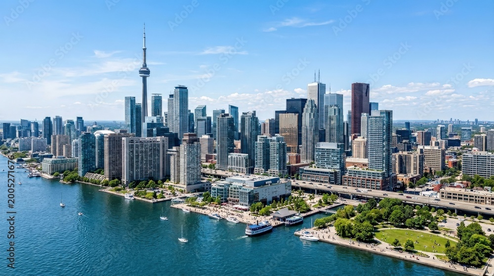 Obraz premium Toronto cityscape on a sunny day, modern urban skyline concept for travel, business and destination branding themes with clean architecture, bright weather and expansive city energy, realistic detail,
