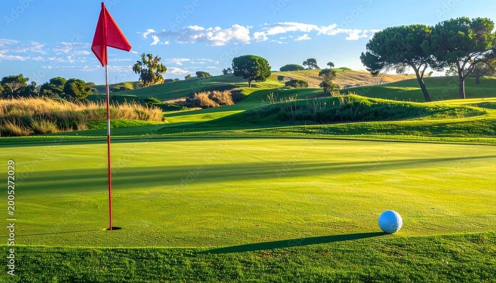 Obraz premium Peaceful golf green with flag and ball