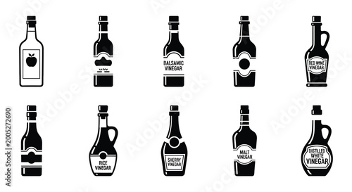 Flat vector illustration of various bottles and containers with labels