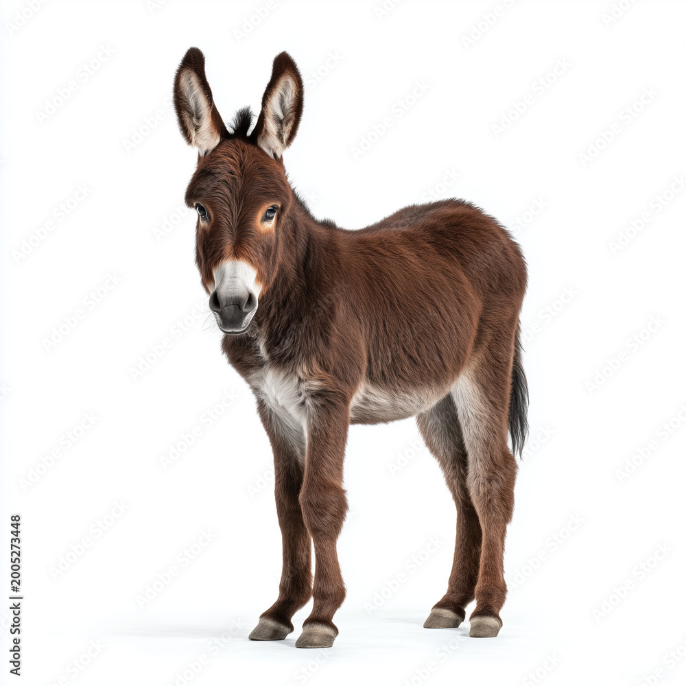 Fototapeta premium Young donkey foal standing isolated on white