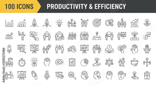 Comprehensive collection of business productivity and efficiency line icons for strategy, analytics, and growth optimization, perfect for modern corporate presentations and digital applications