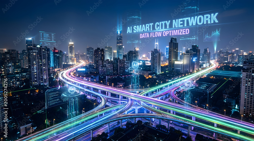 Obraz premium Futuristic Smart City Network with Optimized Data Flow Illuminating the Nighttime Skyline