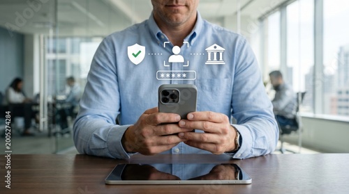 Man using smartphone for secure online banking authentication, digital identity verification concept, password protection shield icon, financial transaction safety, mobile payment