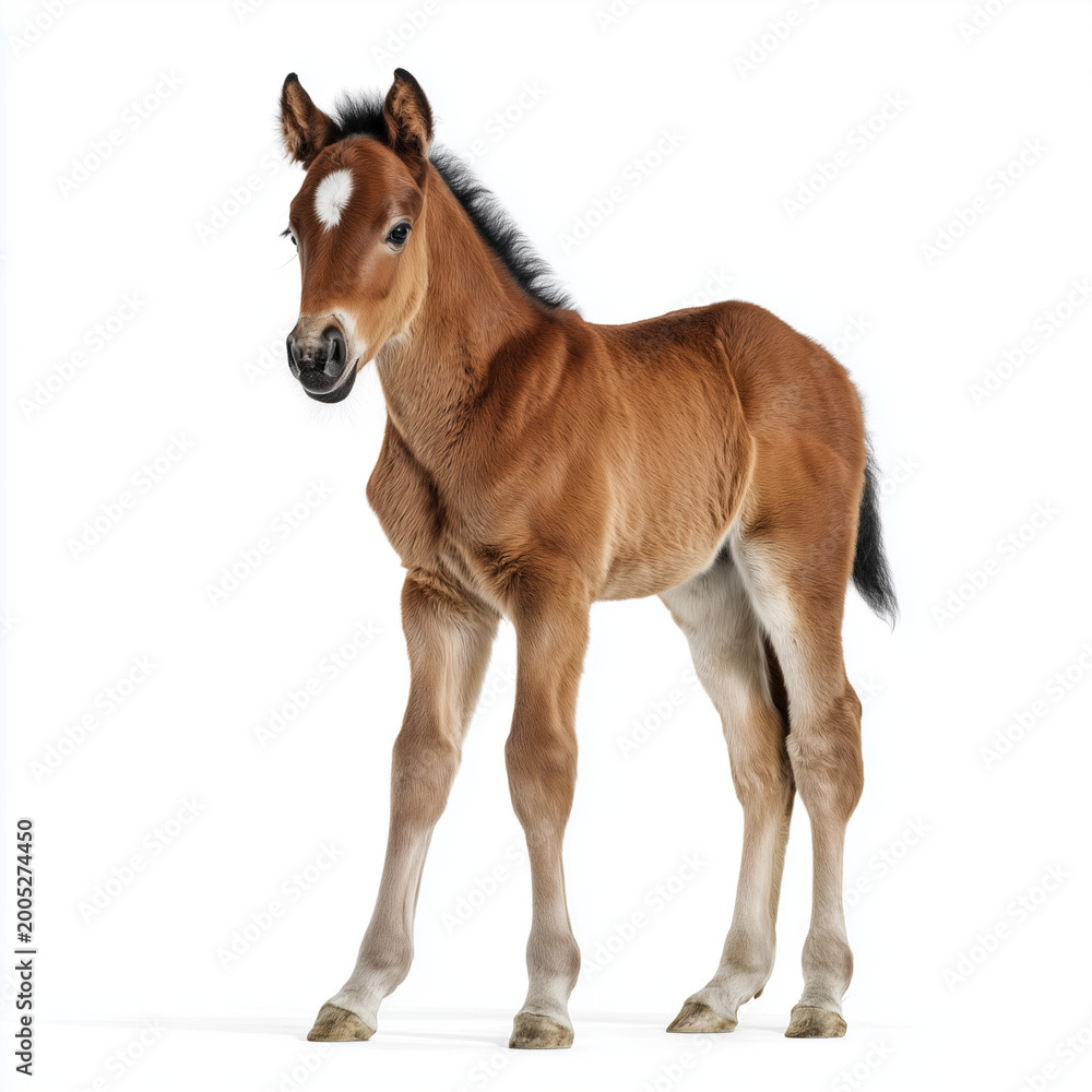 Obraz premium Brown foal standing isolated on white background