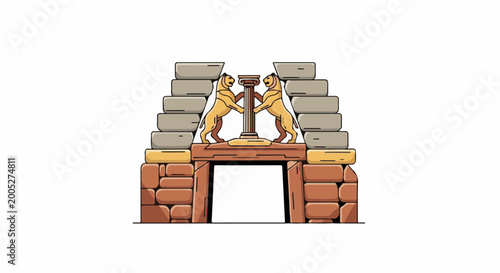 Ancient stone gateway with two lions flanking a central pillar
