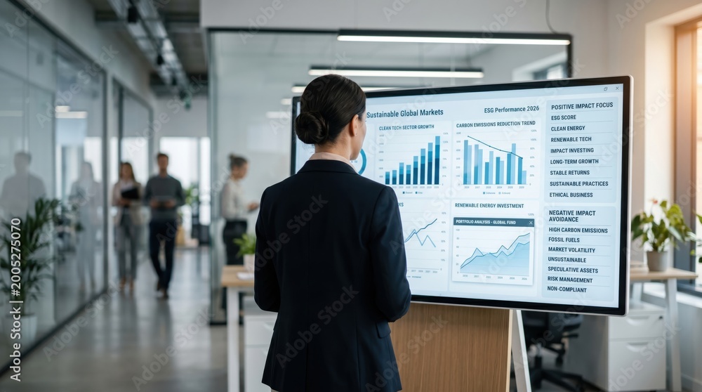 Fototapeta premium Woman analyzing sustainable global markets and ESG performance data on large screen, environmental social governance investment charts, green finance and ethical business growth