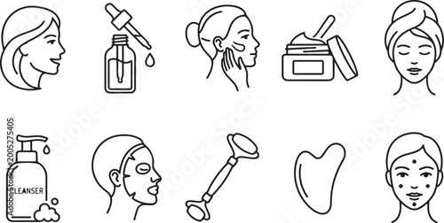 Set of line art icons for skincare and beauty routine with gua sha, self care