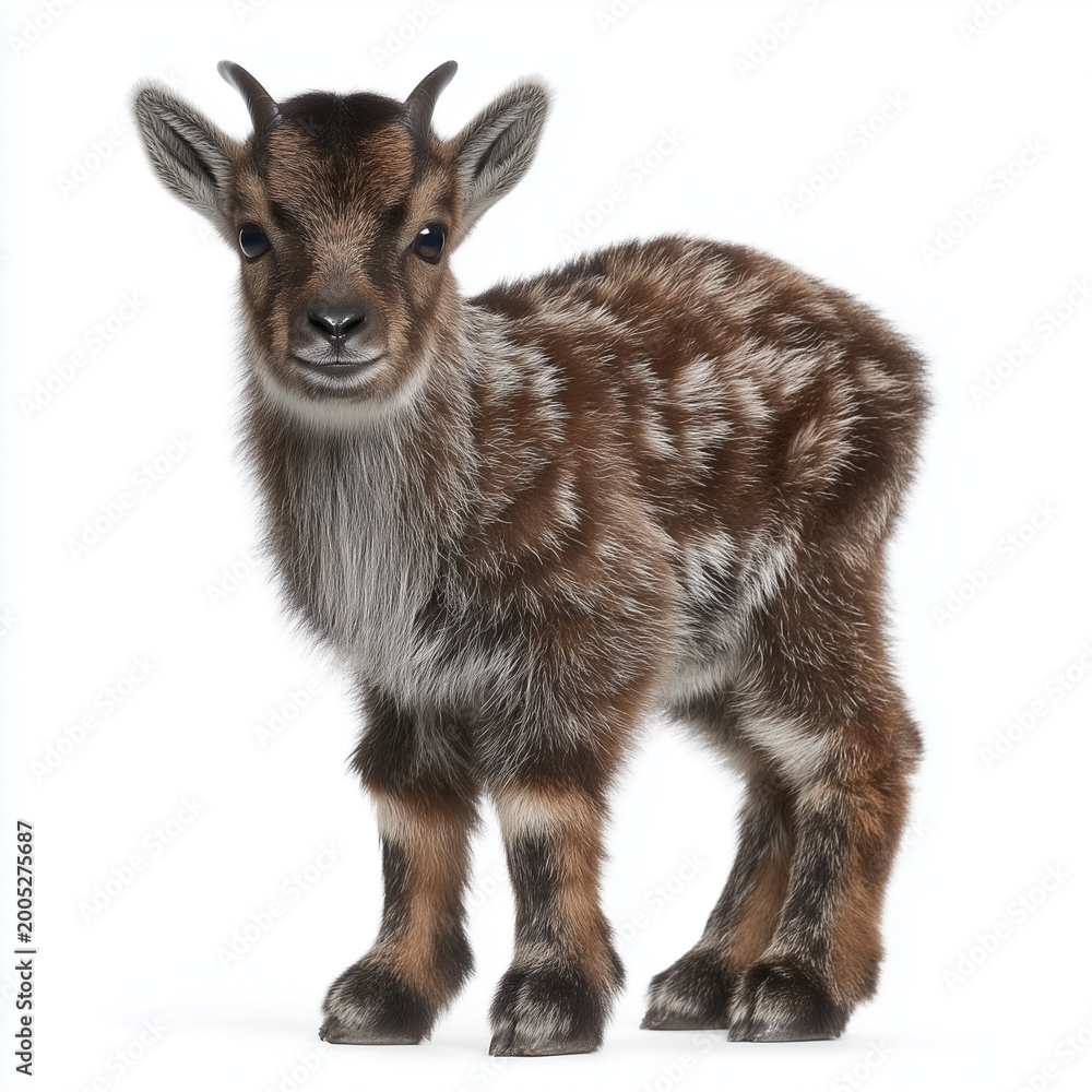 Fototapeta premium Spotted baby goat standing isolated on white