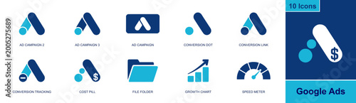 Google Ads icon set. Containing ad campaign, ad icon, conversion dot, conversion link, tracking, cost pill, file folder, growth chart, speed meter and more. Solid fill vector icons.