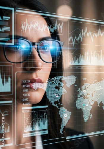 Businesswoman analyzes complex global financial data on a futuristic digital interface.