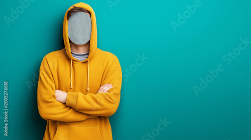 Anonymous faceless man in yellow hoodie with mask standing against teal background as concept of identity loss and privacy