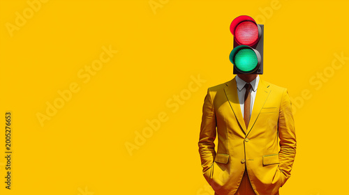 Surreal businessman with traffic light head standing on yellow background as decision making concept