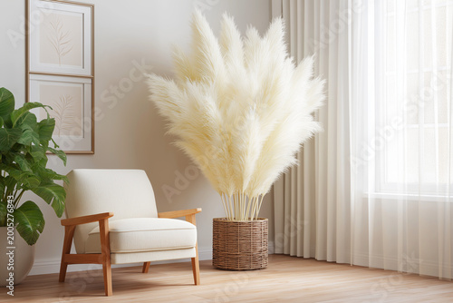 Modern bright living room interior with cozy armchair and large pampas grass bouquet in vase
