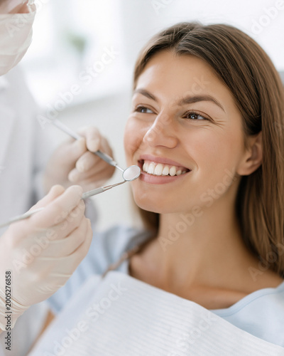 Young woman smiles during dental examination. Dentist gently holds instrument near her teeth. Bright clinic setting with soft lighting. Her expression shows calm trust and confidence