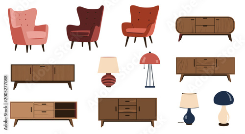Collection of mid-century modern furniture including three armchairs, four wooden sideboards, and four stylish table lamps for interior decor.
