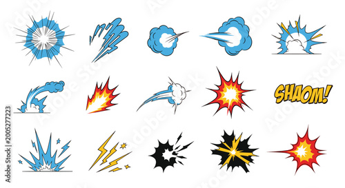 Set of comic book style explosion effects featuring colorful blasts, sparks, and flashes with action words for creative graphic design projects.