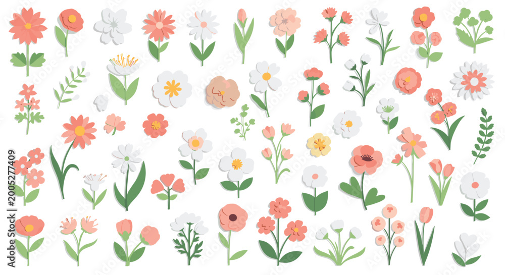 Obraz premium Variety of simple flower illustrations with different shapes, colors, and arrangements for spring and botanical design projects on white.