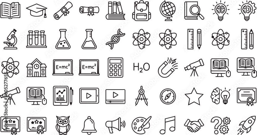 Fototapeta premium Education and science icons: school chemistry physics technology symbols