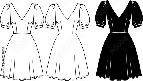 Cuadro en lienzo Technical fashion flat sketch and black silhouette of a women puff sleeve dress