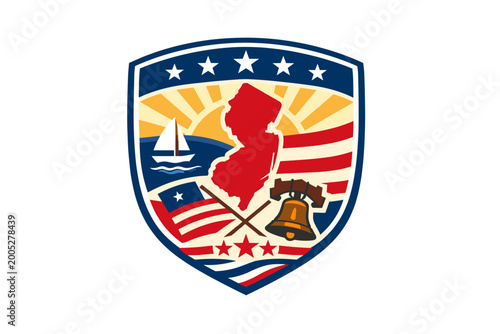 Free Download Patriotic New Jersey State Map Shield Emblem for 250th Anniversary of American Independence, Vector Badge with Liberty Bell, Sailboat, Stars and Stripes, USA Freedom Celebration Graphic. - GFXLoad