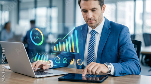 Businessman analyzing data on laptop with digital graphs and charts